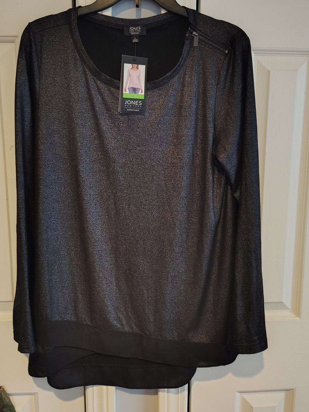 Jones New York Black Metallic Long-Sleeve Layered Top L
